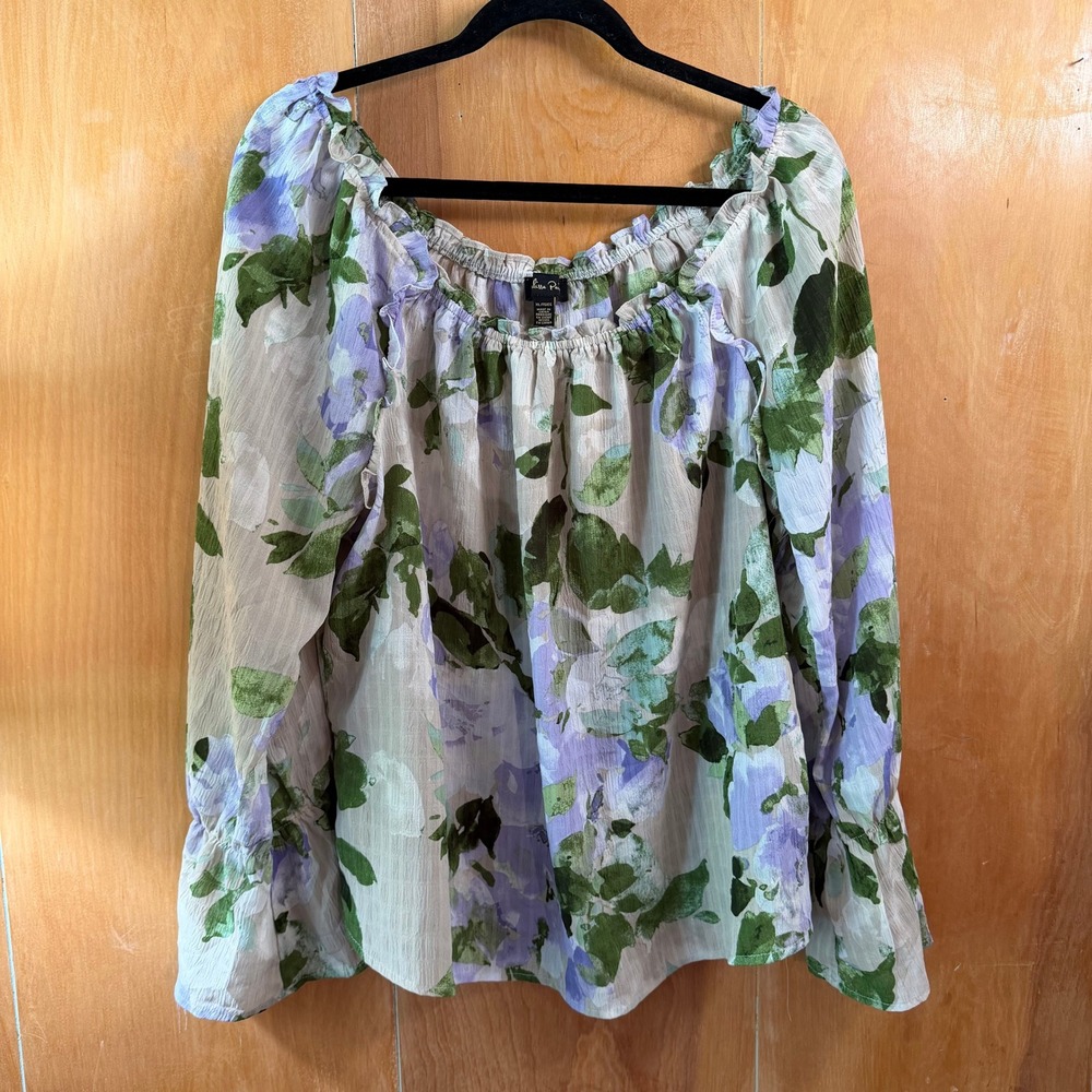 Melissa Paige Floral Off Shoulder Ruffle‎ Cuff Blouse Purple Green XL